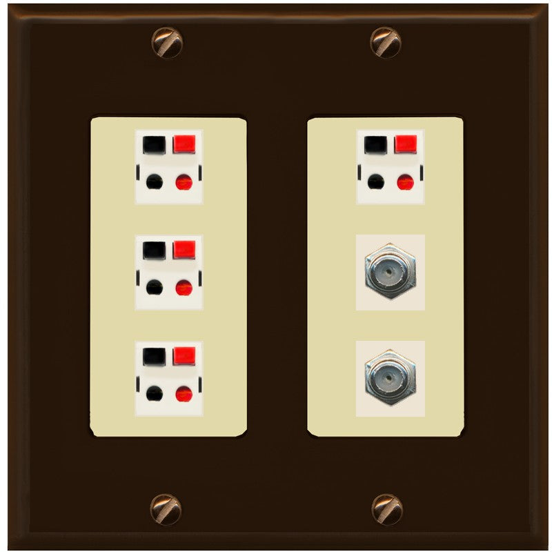 RiteAV 4 Speaker 2 Port Coax Cable TV Wall Plate - 2 Gang [Brown/Ivory]