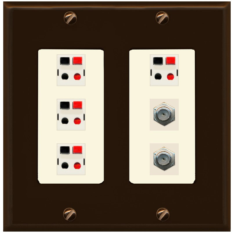 RiteAV 4 Speaker 2 Port Coax Cable TV Wall Plate - 2 Gang [Brown/Light-Almond]