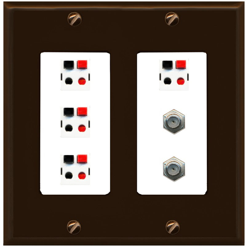RiteAV 4 Speaker 2 Port Coax Cable TV Wall Plate - 2 Gang [Brown/White]