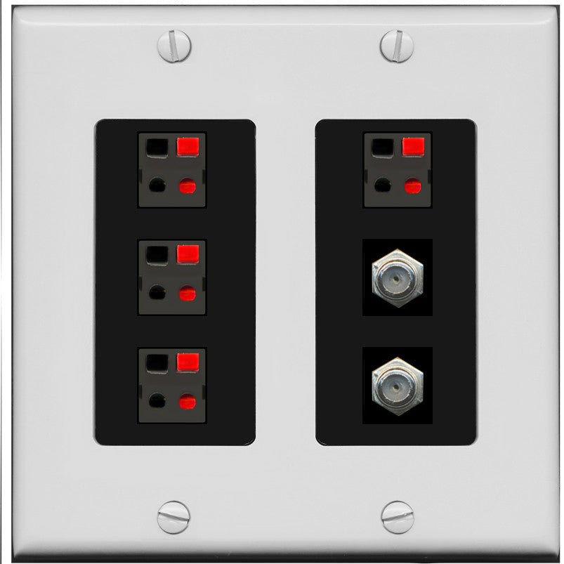 RiteAV 4 Speaker 2 Port Coax Cable TV Wall Plate - 2 Gang [Gray/Black]