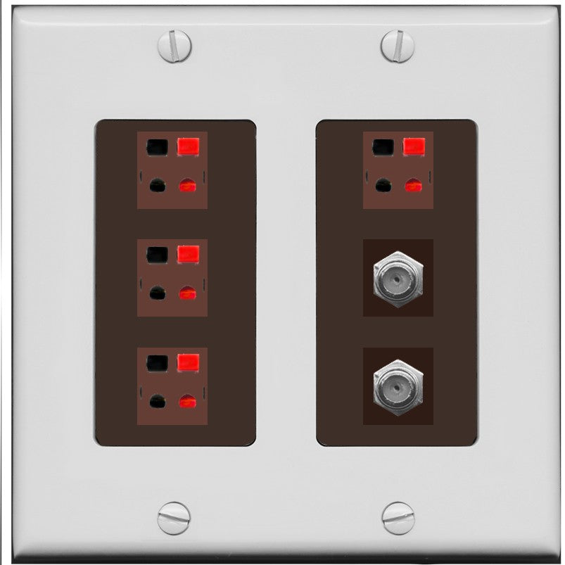 RiteAV 4 Speaker 2 Port Coax Cable TV Wall Plate - 2 Gang [Gray/Brown]