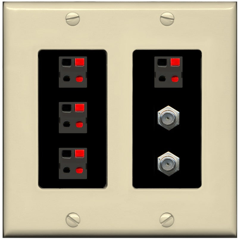 RiteAV 4 Speaker 2 Port Coax Cable TV Wall Plate - 2 Gang [Ivory/Black]