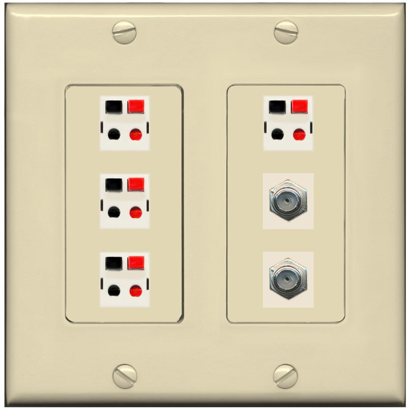 RiteAV 4 Speaker 2 Port Coax Cable TV Wall Plate - 2 Gang [Ivory/Ivory]
