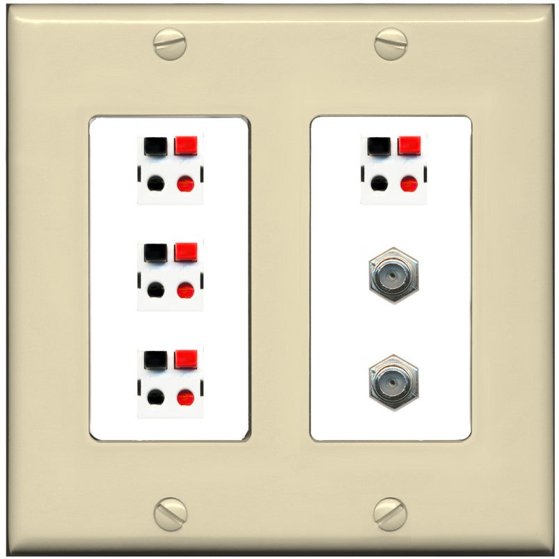 RiteAV 4 Speaker 2 Port Coax Cable TV Wall Plate - 2 Gang [Ivory/White]