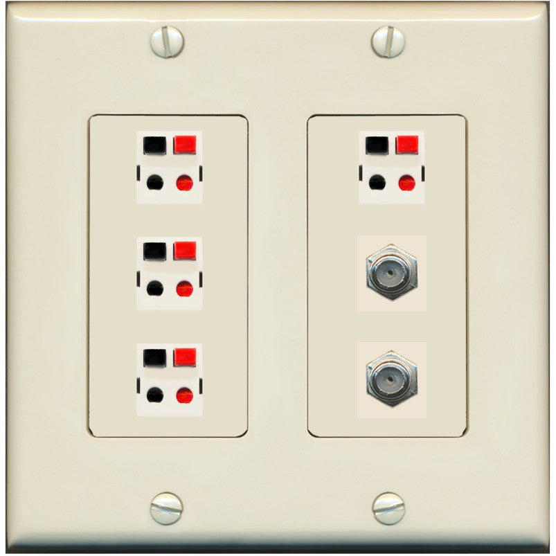 RiteAV 4 Speaker 2 Port Coax Cable TV Wall Plate - 2 Gang [Light-Almond]