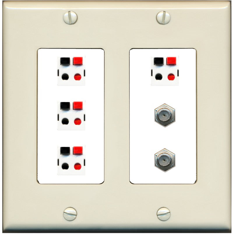 RiteAV 4 Speaker 2 Port Coax Cable TV Wall Plate - 2 Gang [Light-Almond/White]