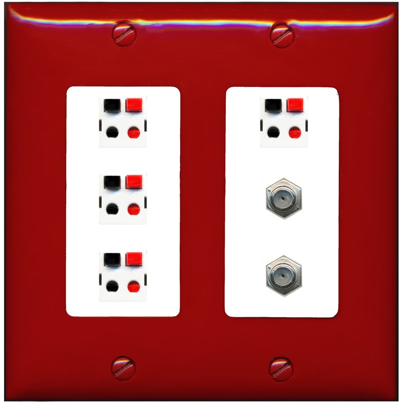 RiteAV 4 Speaker 2 Port Coax Cable TV Wall Plate - 2 Gang [Red/White]