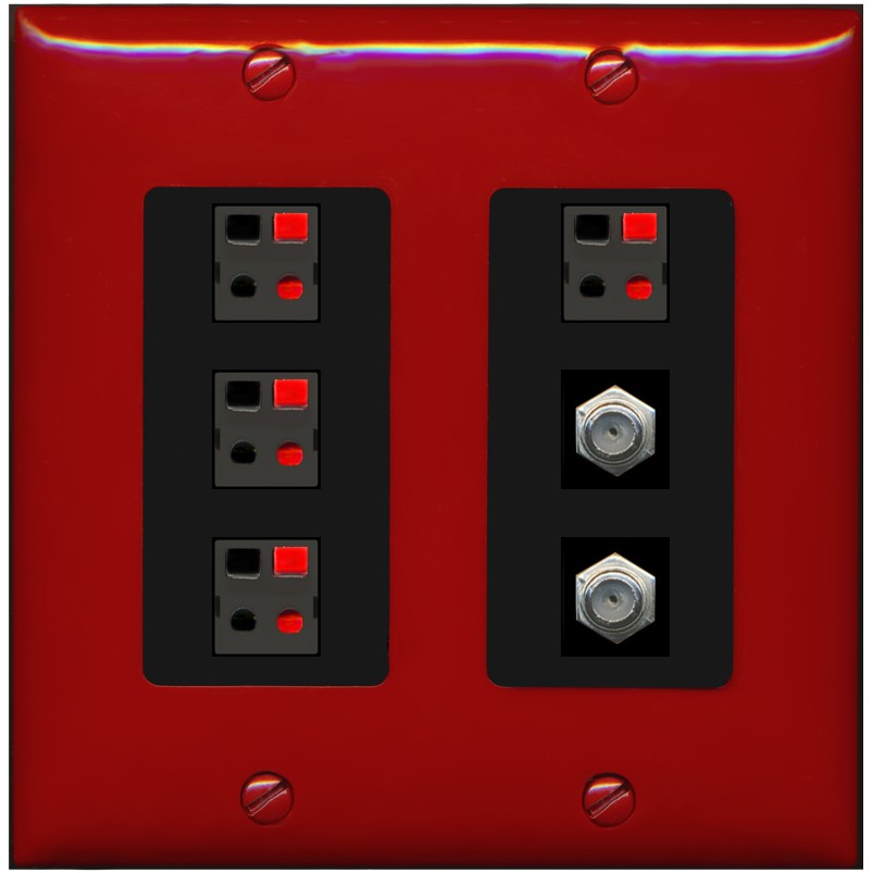 RiteAV 4 Speaker 2 Port Coax Cable TV Wall Plate - 2 Gang [Red/Black]