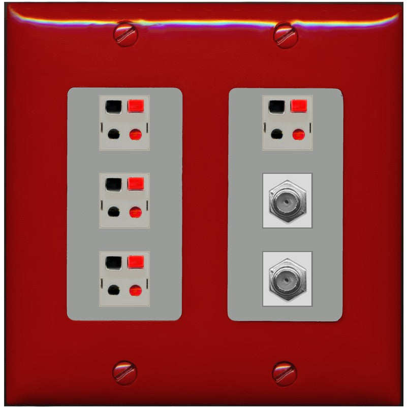 RiteAV 4 Speaker 2 Port Coax Cable TV Wall Plate - 2 Gang [Red/Gray]