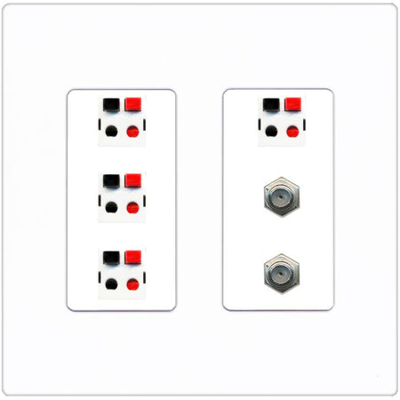 RiteAV 4 Speaker 2 Port Coax Cable TV Wall Plate - 2 Gang [Screwless White]