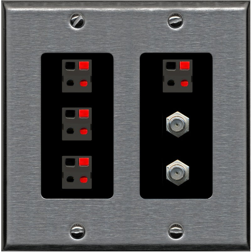 RiteAV 4 Speaker 2 Port Coax Cable TV Wall Plate - 2 Gang [Stainless/Black]