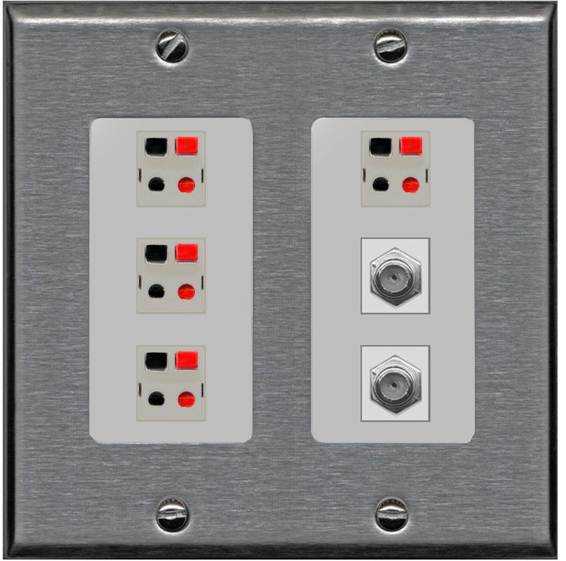 RiteAV 4 Speaker 2 Port Coax Cable TV Wall Plate - 2 Gang [Stainless/Gray]