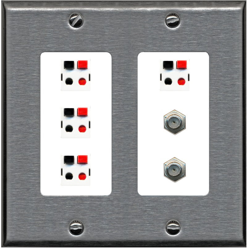 RiteAV 4 Speaker 2 Port Coax Cable TV Wall Plate - 2 Gang [Stainless/White]