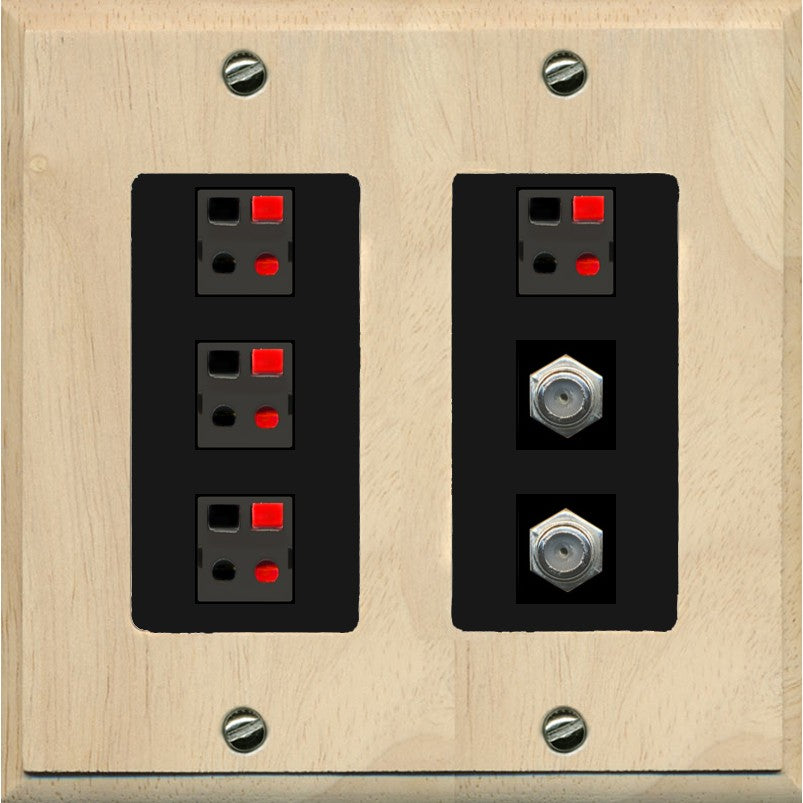 RiteAV 4 Speaker 2 Port Coax Cable TV Wall Plate - 2 Gang [Wood/Black]