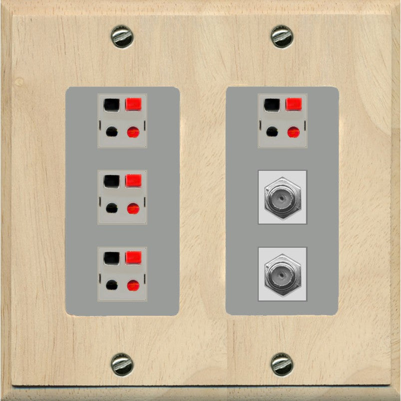 RiteAV 4 Speaker 2 Port Coax Cable TV Wall Plate - 2 Gang [Wood/Gray]
