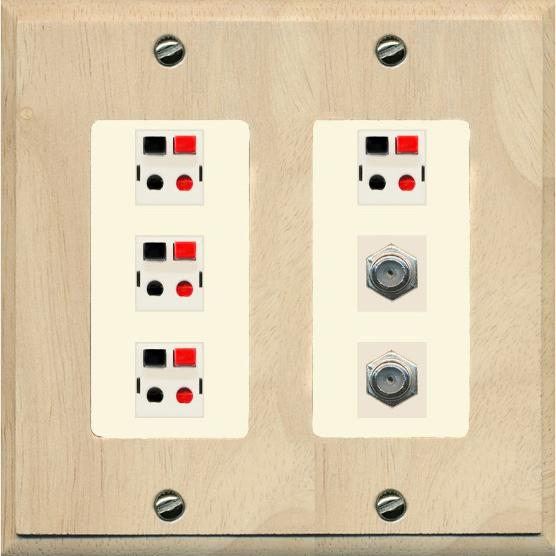 RiteAV 4 Speaker 2 Port Coax Cable TV Wall Plate - 2 Gang [Wood/Light-Almond]