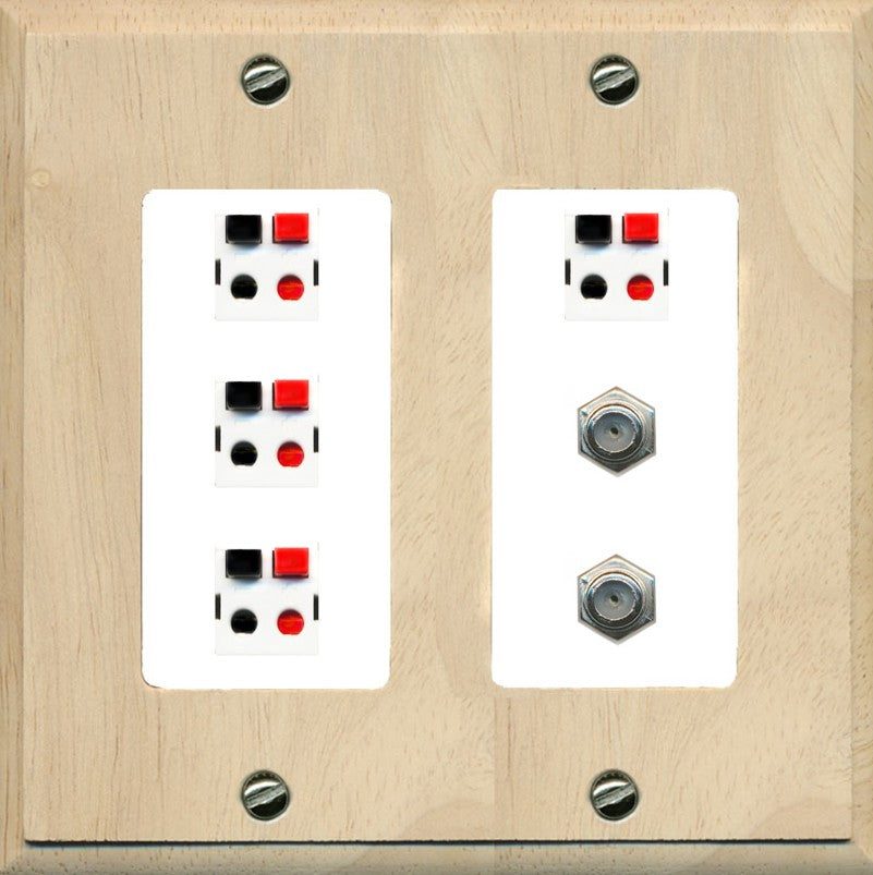 RiteAV 4 Speaker 2 Port Coax Cable TV Wall Plate - 2 Gang [Wood/White]