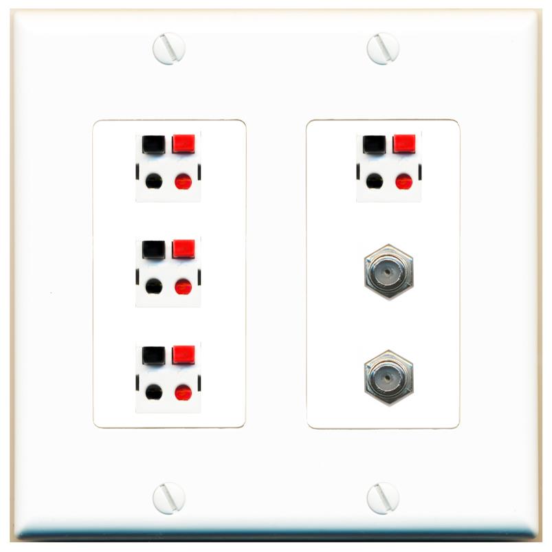 RiteAV 4 Speaker 2 Port Coax Cable TV Wall Plate - 2 Gang [White]