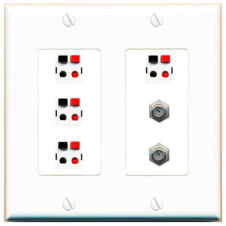 RiteAV 4 Speaker 2 Port Coax Cable TV Wall Plate - 2 Gang [White]