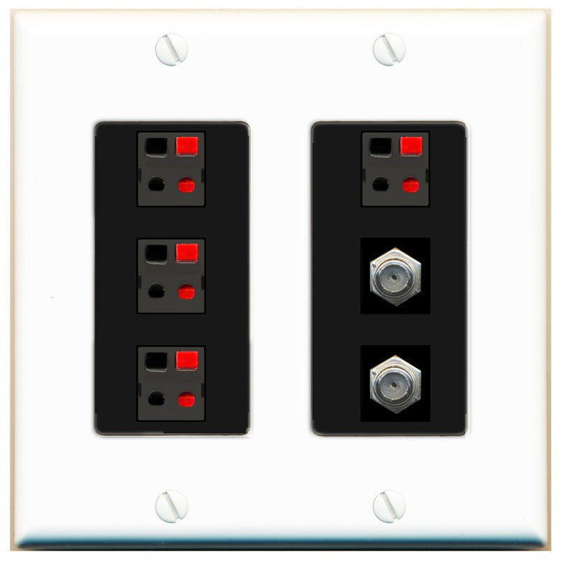 RiteAV 4 Speaker 2 Port Coax Cable TV Wall Plate - 2 Gang [White/Black]