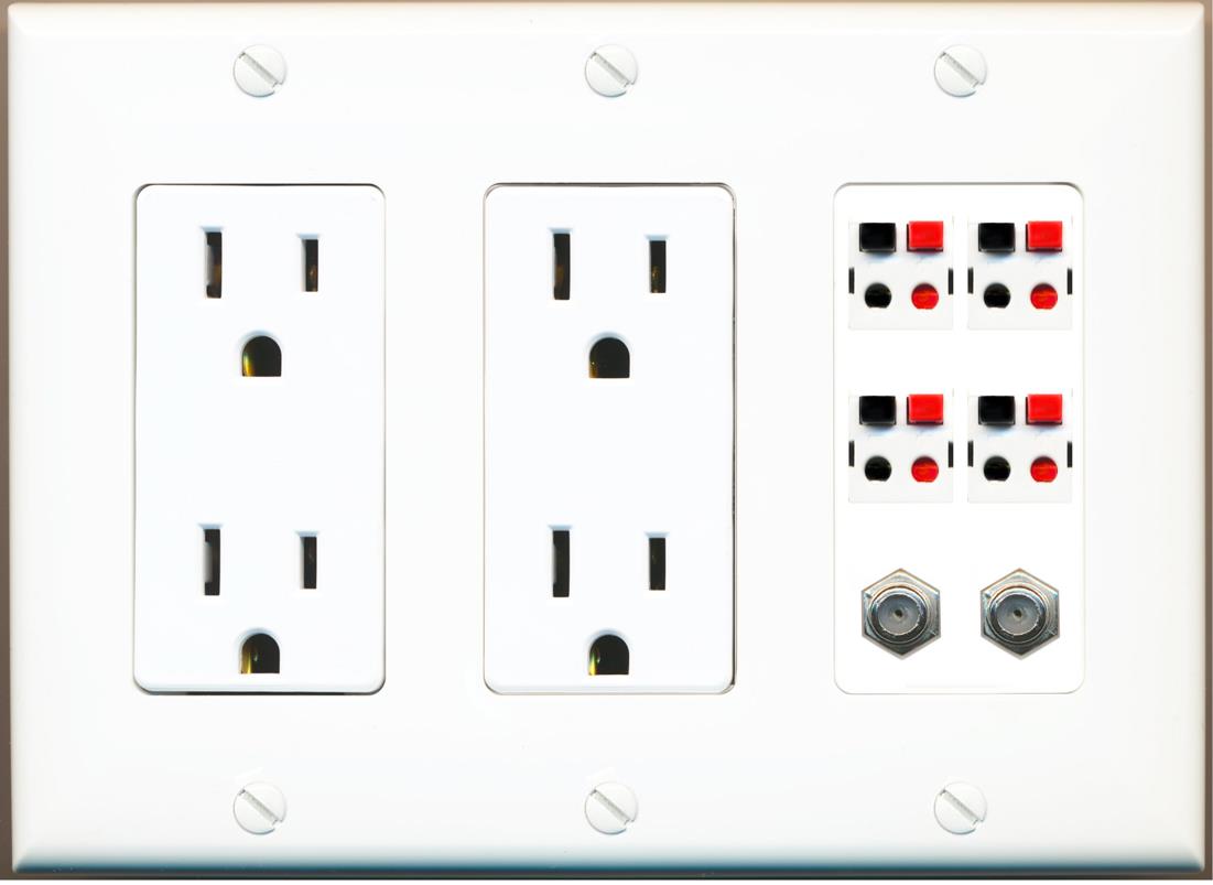 RiteAV 4 Speaker 2 Port Coax Cable TV Wall Plate - 2 Outlet [White]