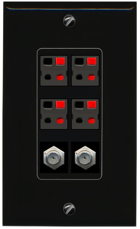 RiteAV 4 Speaker 2 Port Coax Cable TV Wall Plate - 1 Gang [Black/Black]