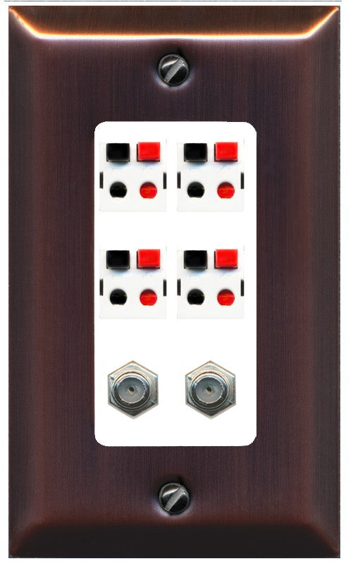 RiteAV 4 Speaker 2 Port Coax Cable TV Wall Plate - 1 Gang Decorative [Brushed-Copper/White]