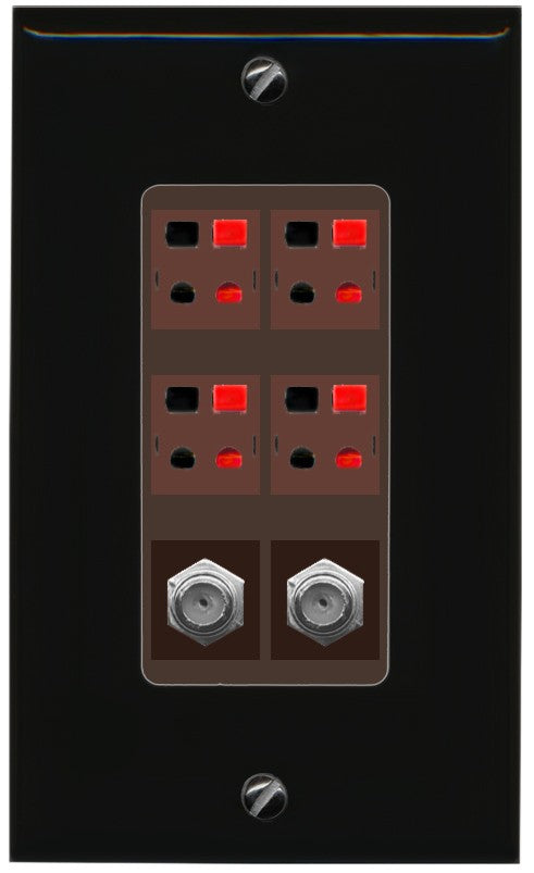 RiteAV 4 Speaker 2 Port Coax Cable TV Wall Plate - 1 Gang Decorative [Black/Brown]