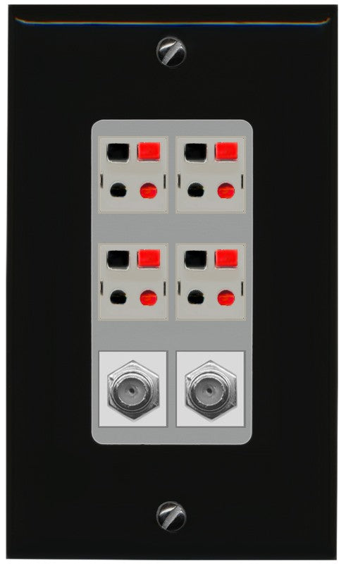 RiteAV 4 Speaker 2 Port Coax Cable TV Wall Plate - 1 Gang Decorative [Black/Gray]