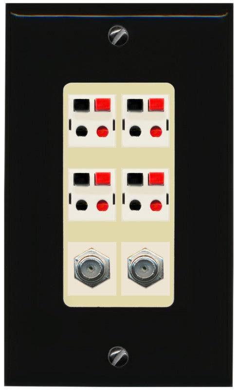 RiteAV 4 Speaker 2 Port Coax Cable TV Wall Plate - 1 Gang Decorative [Black/Ivory]