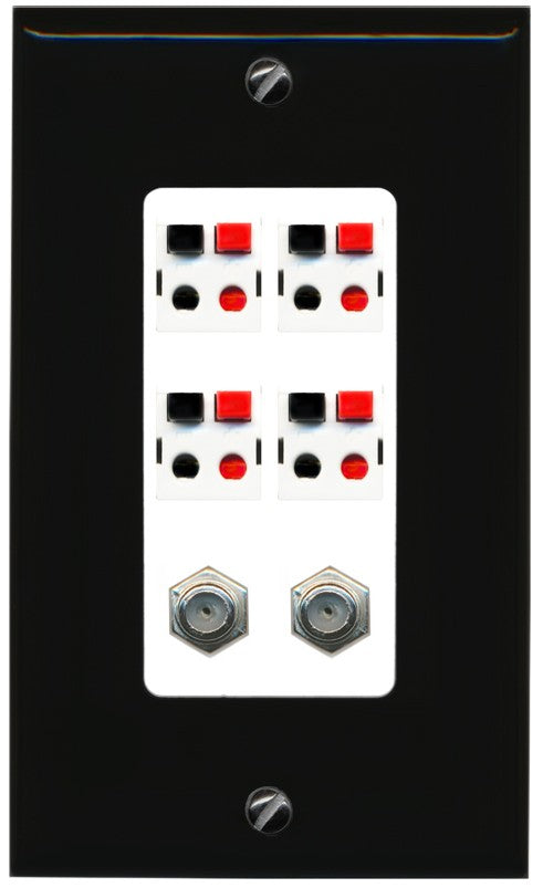 RiteAV 4 Speaker 2 Port Coax Cable TV Wall Plate - 1 Gang Decorative [Black/White]