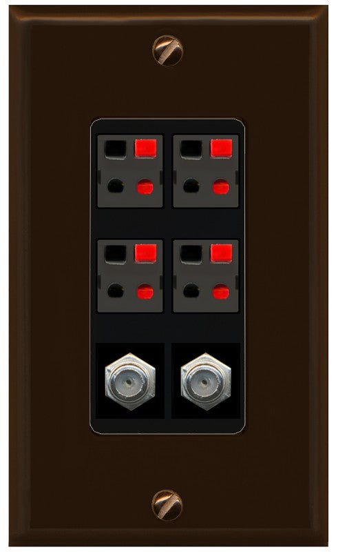 RiteAV 4 Speaker 2 Port Coax Cable TV Wall Plate - 1 Gang Decorative [Brown/Black]