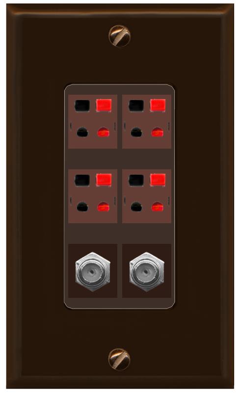RiteAV 4 Speaker 2 Port Coax Cable TV Wall Plate - 1 Gang [Brown/Brown]