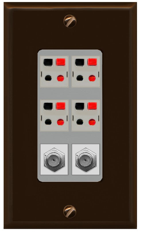 RiteAV 4 Speaker 2 Port Coax Cable TV Wall Plate - 1 Gang Decorative [Brown/Gray]