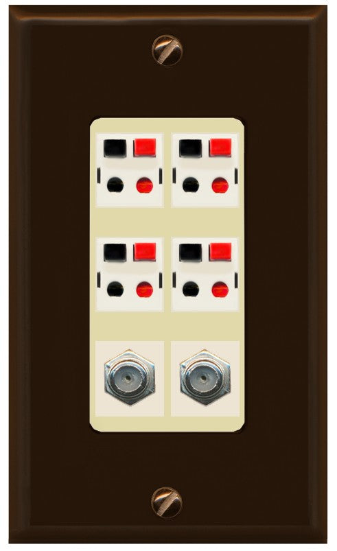 RiteAV 4 Speaker 2 Port Coax Cable TV Wall Plate - 1 Gang Decorative [Brown/Ivory]