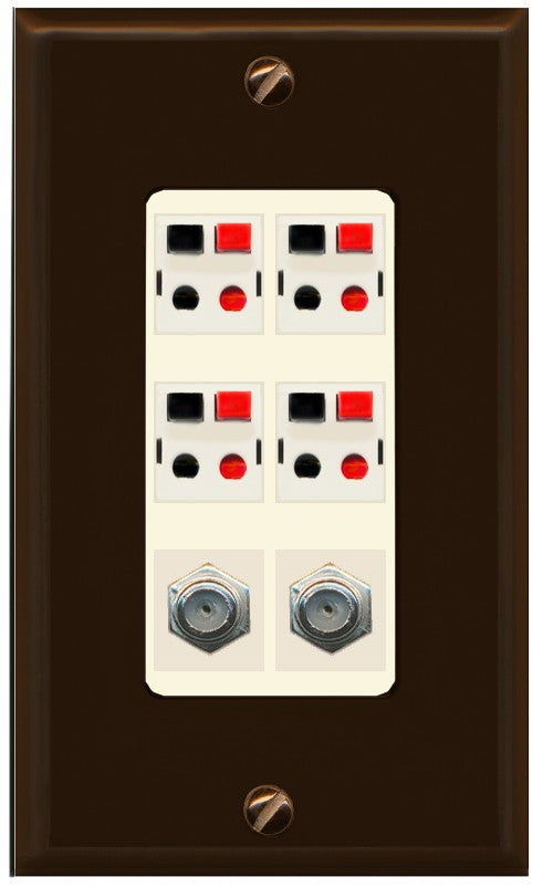 RiteAV 4 Speaker 2 Port Coax Cable TV Wall Plate - 1 Gang Decorative [Brown/Light-Almond]