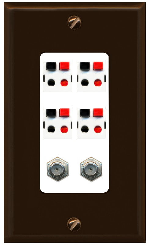 RiteAV 4 Speaker 2 Port Coax Cable TV Wall Plate - 1 Gang Decorative [Brown/White]