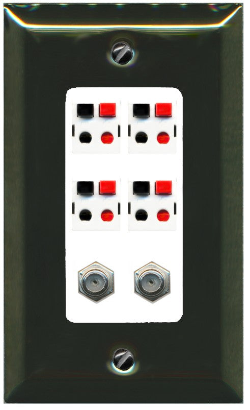 RiteAV 4 Speaker 2 Port Coax Cable TV Wall Plate - 1 Gang Decorative [Brass/White]