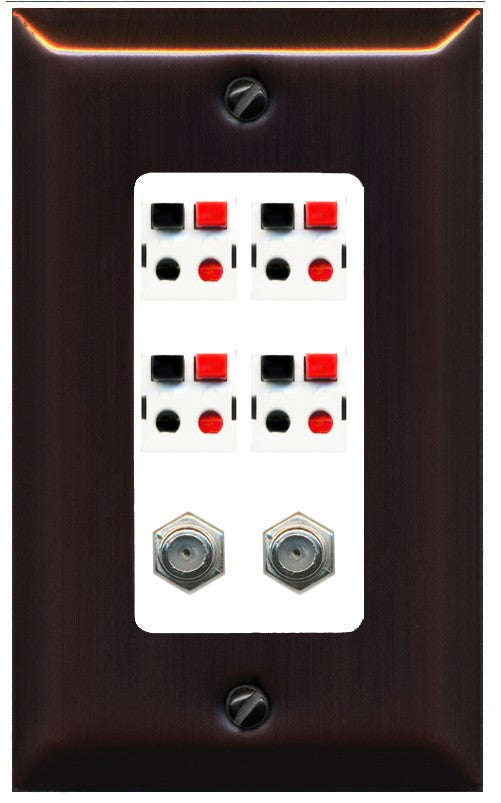 RiteAV 4 Speaker 2 Port Coax Cable TV Wall Plate - 1 Gang Decorative [Bronze/White]