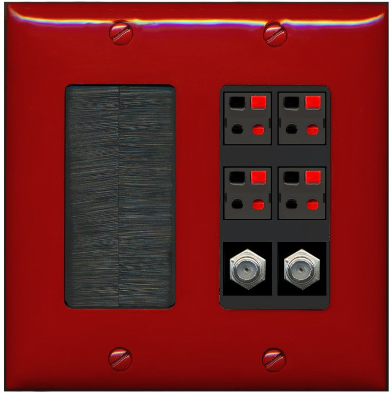 RiteAV 4 Speaker 2 Port Coax Cable TV Wall Plate - Brush [Red/Black]