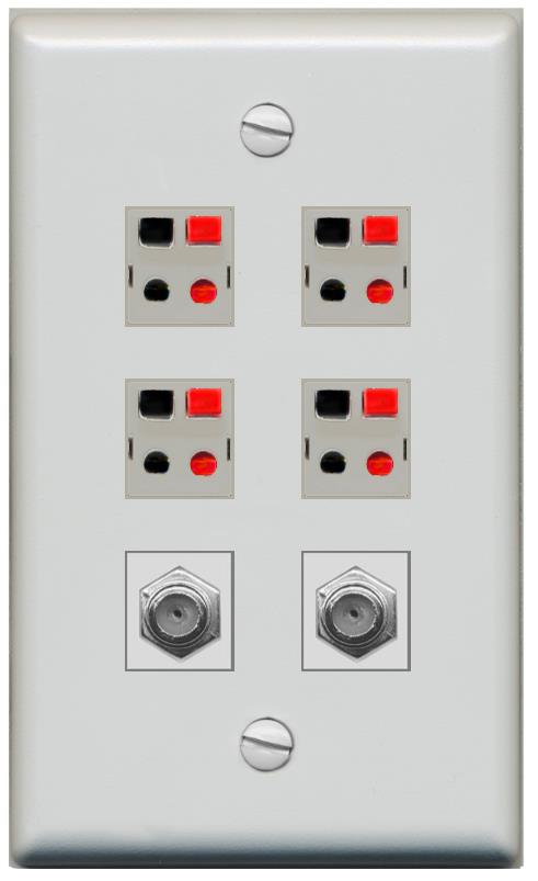 RiteAV 4 Speaker 2 Port Coax Cable TV Wall Plate - Flat [Gray/Gray]