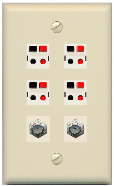 RiteAV 4 Speaker 2 Port Coax Cable TV Wall Plate - Flat [Ivory/Ivory]
