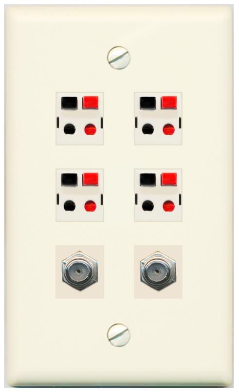 RiteAV 4 Speaker 2 Port Coax Cable TV Wall Plate - Flat [Light-Almond]