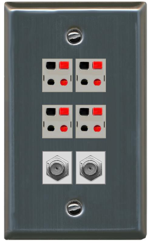 RiteAV 4 Speaker 2 Port Coax Cable TV Wall Plate - Flat [Stainless Steel]