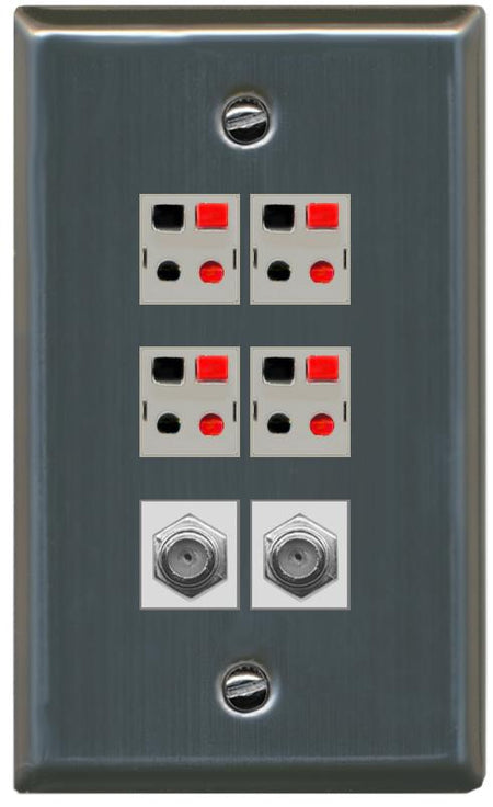 RiteAV 4 Speaker 2 Port Coax Cable TV Wall Plate - Flat [Stainless Steel]