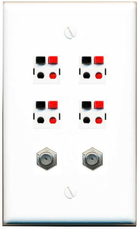 RiteAV 4 Speaker 2 Port Coax Cable TV Wall Plate - Flat [White]