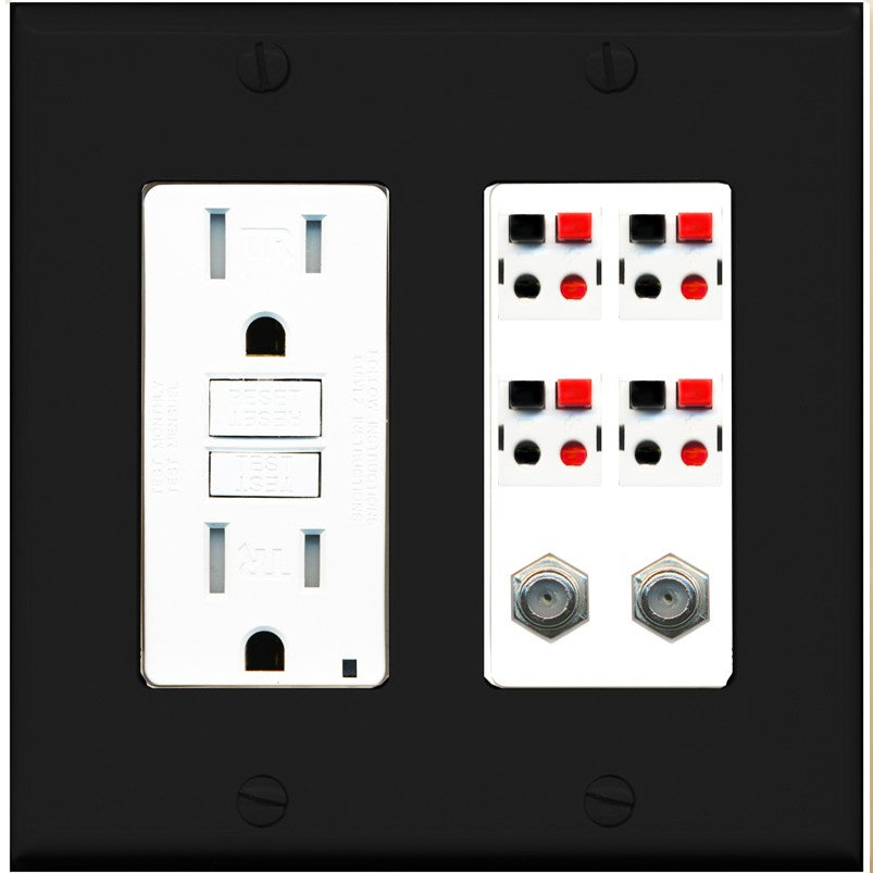 RiteAV 4 Speaker 2 Port Coax Cable TV Wall Plate - GFCI Outlet [Black/White]