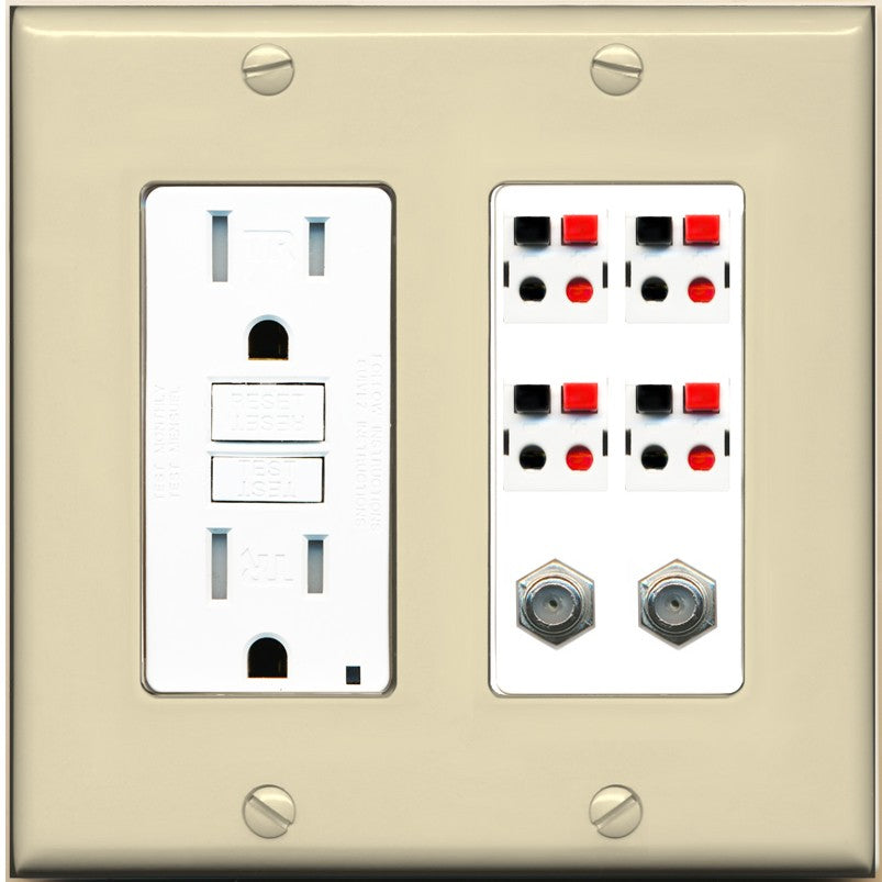 RiteAV 4 Speaker 2 Port Coax Cable TV Wall Plate - GFCI Outlet [Ivory/White]