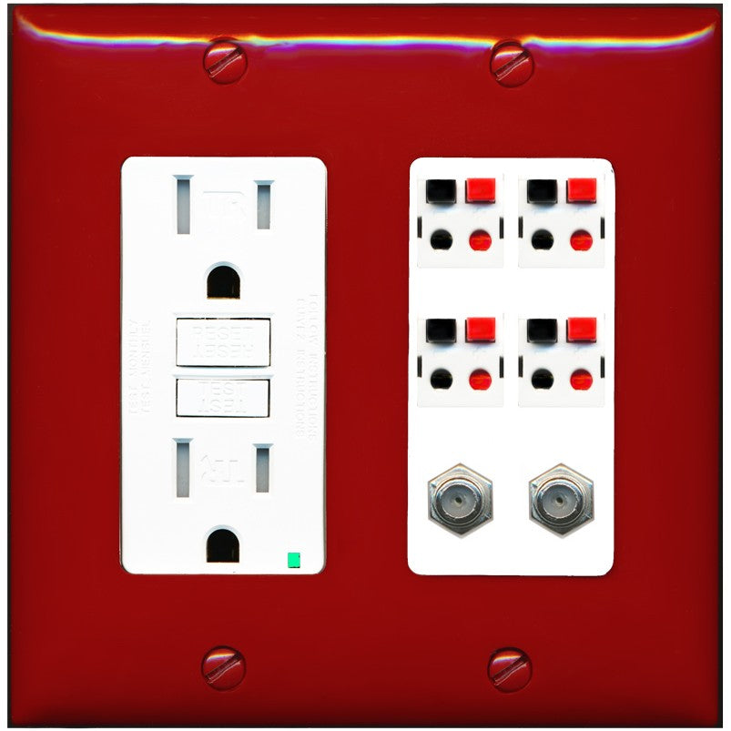 RiteAV 4 Speaker 2 Port Coax Cable TV Wall Plate - GFCI Outlet [Red/White]