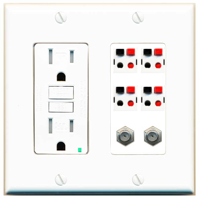 RiteAV 4 Speaker 2 Port Coax Cable TV Wall Plate - GFCI Outlet [White]